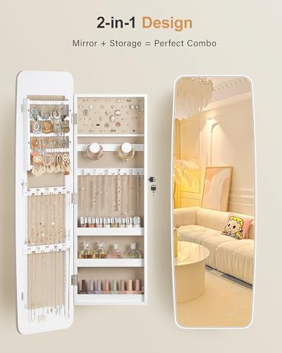Nicetree Rounded Mirror Jewelry Cabinet, Wall Mounted, Moon White - Image 4