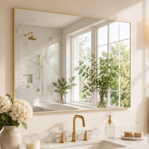 40"x30" Brushed Gold Framed Rectangle Bathroom Vanity Wall Mirror by Pocetry