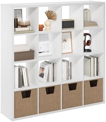 Furinno Cubicle 16-Cube Thick Frame Book Shelf, Open Back, Plain White by Furinno-FitsYourSpaceFitsYourBudget