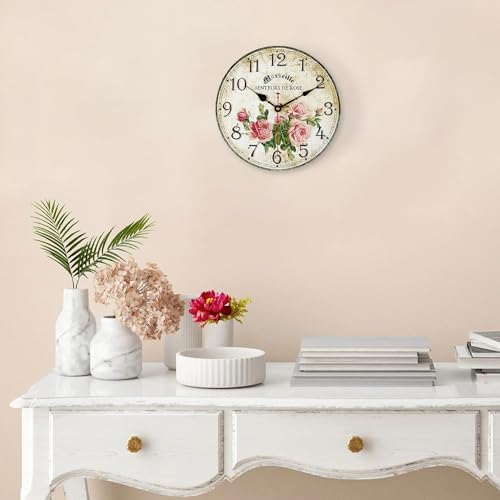 Lafocuse 12 Inch Silent Wooden Rustic Pink Rose Wall Clocks - Image 3