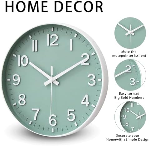 HZDHCLH 14 Inch Wall Clock Battery Operated Silent Non Ticking Green Modern - Image 4