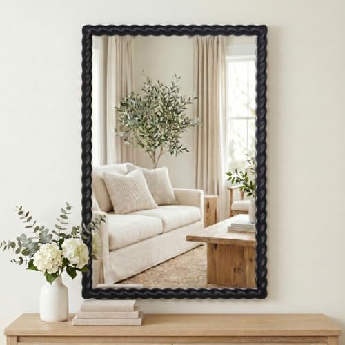 36"x24" Rectangular Solid Wood Farmhouse Decorative Wall Mirror by Unknown