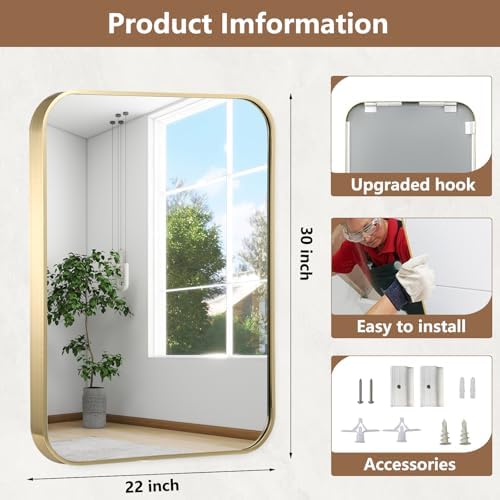 22x30 Inch Gold Bathroom Mirror, Brushed Brass Gold Metal Framed Rectangular - Image 5