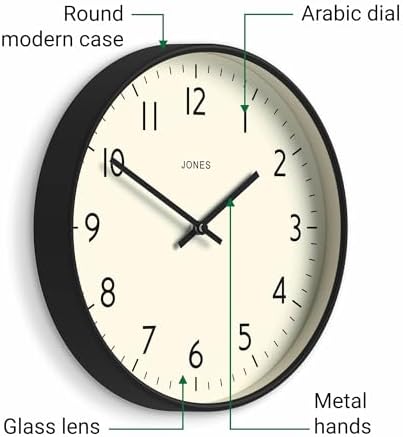 JONES CLOCKS® Studio Clock | Modern Round wall Clock | 12" | Black | Easy to - Image 5