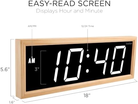 Ivation Large Digital Wall Clock, Big LED Display & Stylish Wood Frame - Image 2
