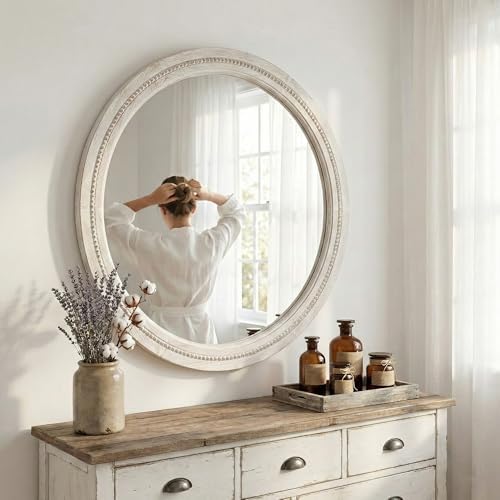 Solid Wood 30 Inch Round Beaded Bathroom Mirror, Distressed White - Image 6
