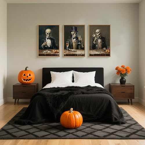 FWIEXA Halloween Skeleton Canvas Wall Art Set of 3, Gothic Skull Framed - Image 3