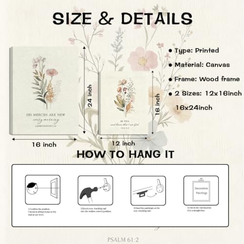 SEHSUVC Boho Christian Flowers Bible Verse Canvas Wall Art Set of 3 12x16in - Image 3