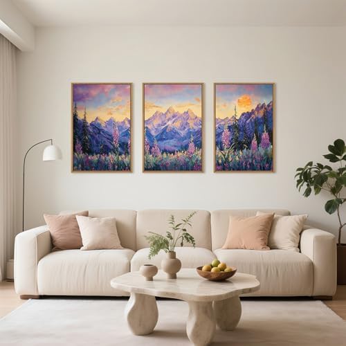 Vintage Purple Mountain Landscape Framed Canvas Wall Art Set-16"x24"x3 - Image 2