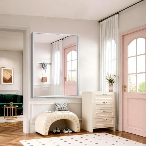 48 x 36 inch Brushed Silver Bathroom Mirror, Metal Framed Large Rectangle Mirror - Image 5