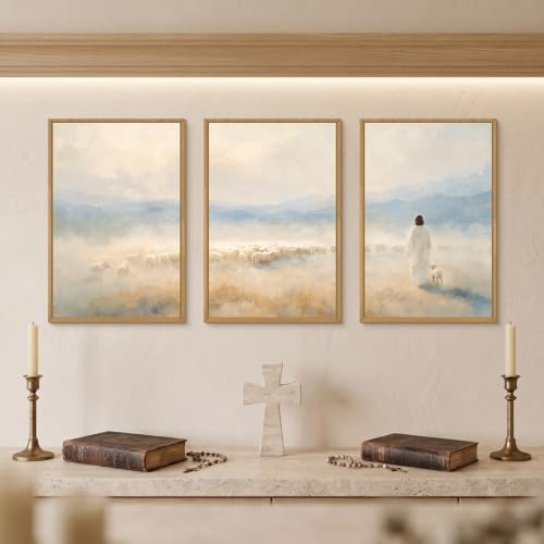 HOURIA Christian Jesus The Good Shepherd Framed Canvas Wall Art Set, Religious - Image 3
