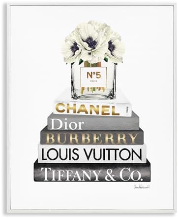 'White Poppies Grey Fashion Books'| Framed Giclee Art by StupellIndustries