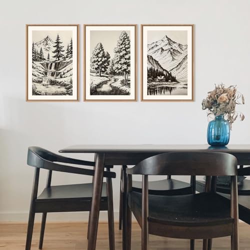 Vintage Sketch Pine Tree Mountain Framed Canvas Wall Art Set- 16"x24"x3 - Image 4