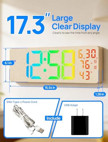 MASHI Fabric Textured 17.3" Large Digital Wall Clock, 9-Color Night Light - Image 2