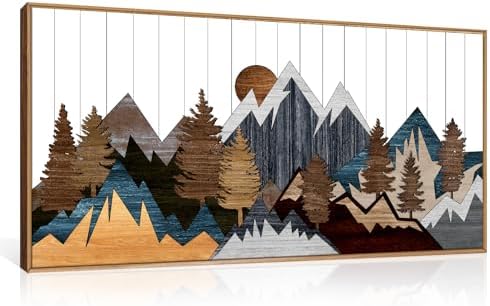 CHDITB Framed Wood Mountain Wall Art, Rustic Forest Nature Wall Painting by CHDITB