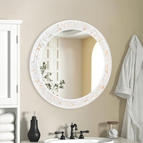 26 Inch Round Wall Mirror with Natural Shell Inlay Mosaic Frame - Image 3