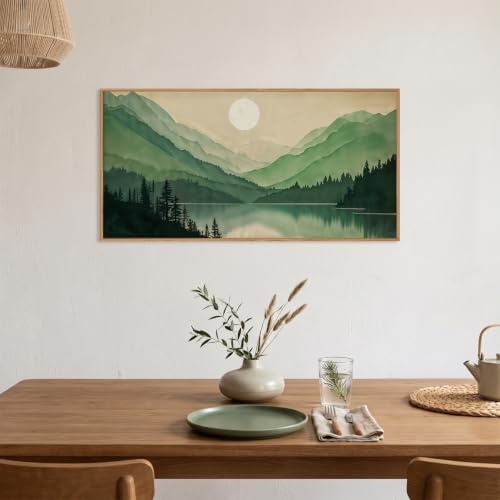 Green Boho Mountain Lake Framed Canvas Wall Art Set-40"x20"x1 - Image 3