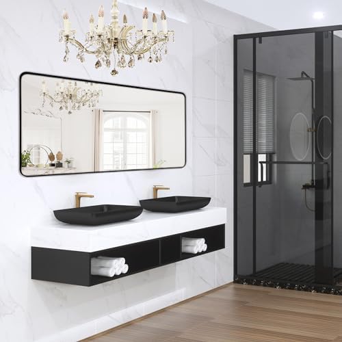 Black Bathroom Mirror 28x60in, Metal Framed Rounded Rectangle Wall by Minuover