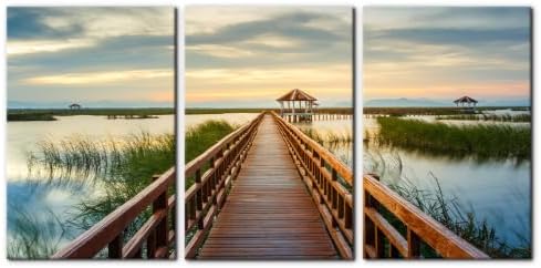 Pacimo Wooden Bridge Wall Art Posters Lotus Lake on Sunset Pictures National by Pacimo
