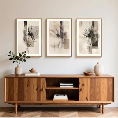 FWIEXA Black Beige Floral Canvas Wall Art Set 3, Neutral Abstract Framed Prints - Image 3