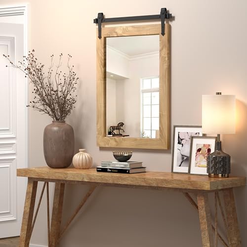 Farmhouse Bathroom Mirror 26”x40” Rustic Wood Framed Wall Mirror Barn Door - Image 2