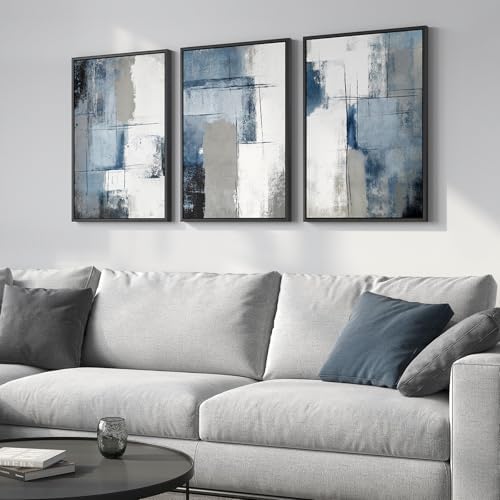 Framed Blue and Gray Abstract Modern Wall Art, 3 Piece Set, 16x24 In by Cuspin