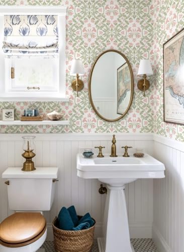 Heroad Vintage Damask Floral Peel Stick Wallpaper Green/Pink Contact Paper - Image 3