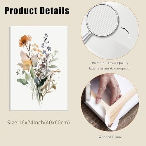 Bwodke Watercolor Floral Canvas Wall Art Set of 3, 16x24 inch - Image 3