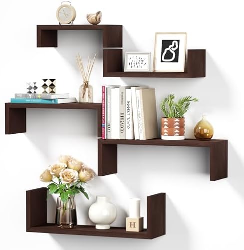 SRIWATANA Dark Walnut Floating Shelves, 5-Piece Set Wood Wall Storage Unit by SRIWATANA
