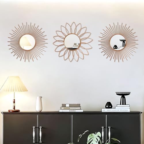 3 Pack Metal Mirrors for Wall Sunburst Wall Mirror Rose Gold Wall Art Décor - Image 4