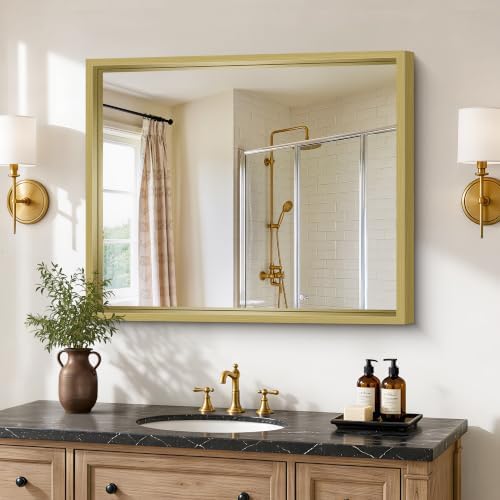 Bathroom Mirror, 30 x 36 inch Natural Wood Grain Colored Aluminum Metal Frame by WelcometoCIVENO