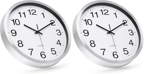 Wall Clock 12 Inch Silver Brushed Finish Silent Non Ticking Indoor Clock Round by BAKBRAND