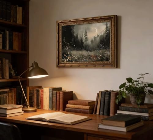 Vintage Gold Framed Moonlit Forest Wall Art Crescent Moon Forest Wildflower - Image 2