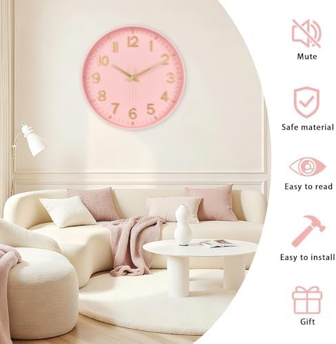 HZDHCLH 10 Inch Wall Clock Battery Operated Silent Non Ticking Pink Modern - Image 3