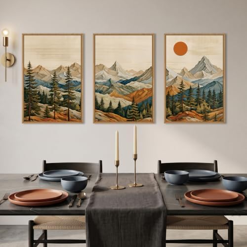 Boho Mountain Framed Canvas Wall Art Set, Woodcut Pine Tree Wall Decor - Image 3