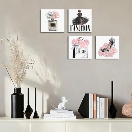 4 Pcs Pink Fashion Women Wall Art Pink Flowers Perfume High Heel Wall Decor - Image 5