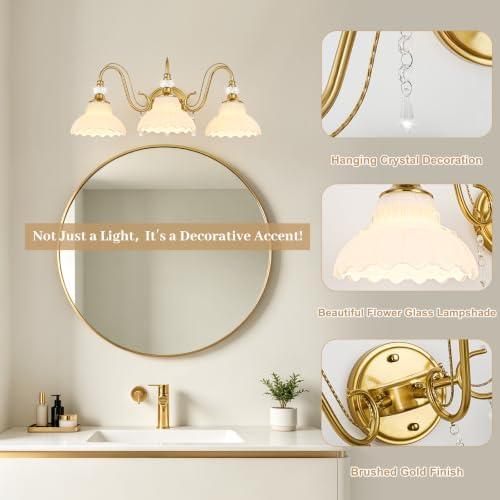 Vintage Bathroom Vanity Light, 3-Light Brushed Gold Finish Wall Sconce - Image 3