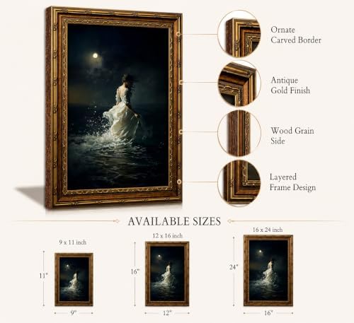 Vintage Gold Framed Woman Canvas Wall Art Dark Academia Gothic Painting Picture - Image 2
