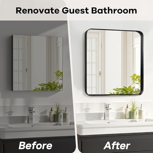 Black Bathroom Vanity Mirror Over Sink 28x28, Wall Mounted Square Mirror - Image 6