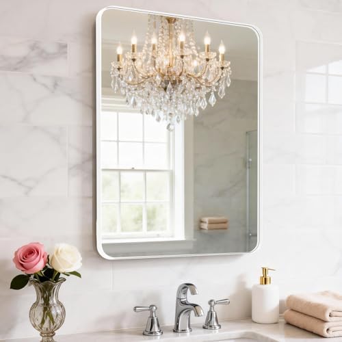 Frosted White Wall-Mounted Bathroom Mirror, 18x30-inch Metal-Frame Vanity Mirror by YYXW