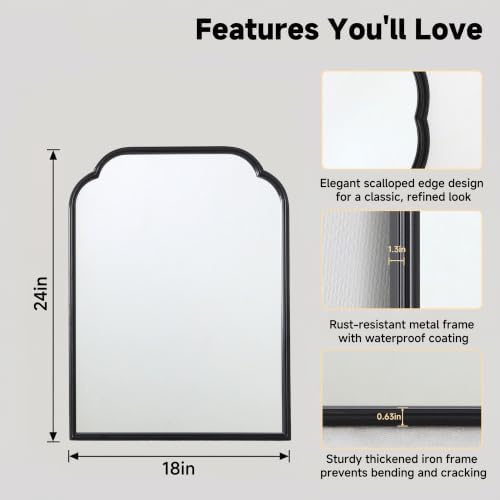 24"x18" Black Bathroom Scalloped Mirror, Rust-Proof Metal Frame - Image 2