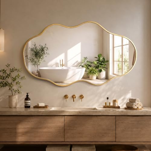 26"x46" Irregular Gold Wall Mirror, Wavy Asymmetrical Mirror by Unknown
