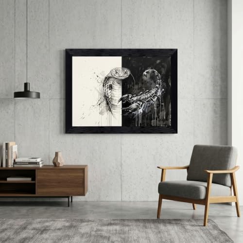 Framed Canvas Wall Art Mixed Media King Cobra Scorpion Monochrome Splatter - Image 4