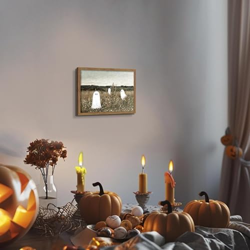 Framed Vintage Halloween Wall Art, Cute Ghost Meadow Painting, Rustic Landscape - Image 4