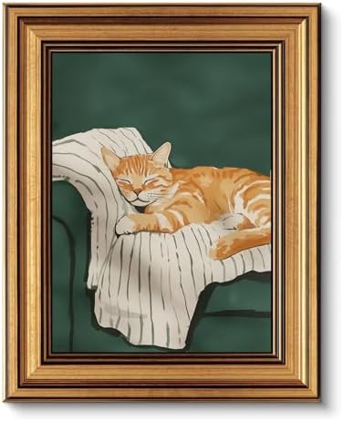 KBKBART Gold Framed Cat Wall Art, Cute Cat Sleeping on Couch Wall Decor by KBKBART