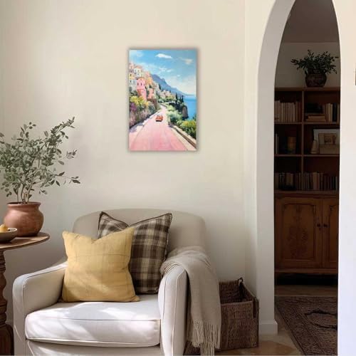Bittiler Retro Italy Coastal Posters Pink Seaside Town Canvas Wall Art Sunset - Image 6