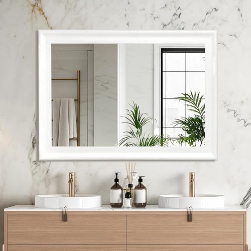 White Wood 30 x 40 Inch Mirror for Bathroom, Rectangle Vanity Wall Mirror - Image 4