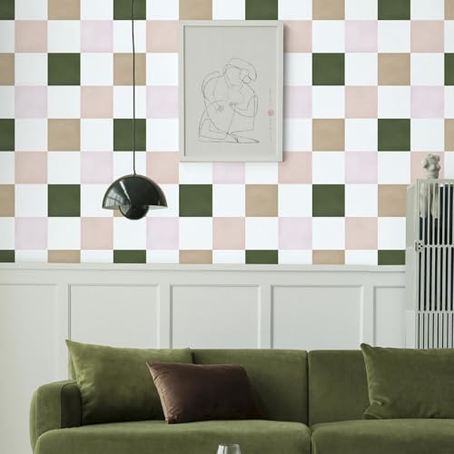 Ismoon Modern Peel and Stick Wallpaper Pink and Green Checkered Contact Paper - Image 4