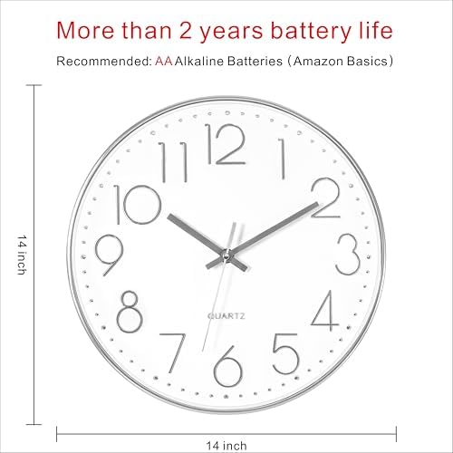 Foxtop Large 14" Wall Clock Silent Battery Operated Clock - Image 2