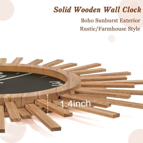 Honiway 24 Inch Large Wall Clock, Battery Operated, Rustic Wood Boho Sunburst - Image 5